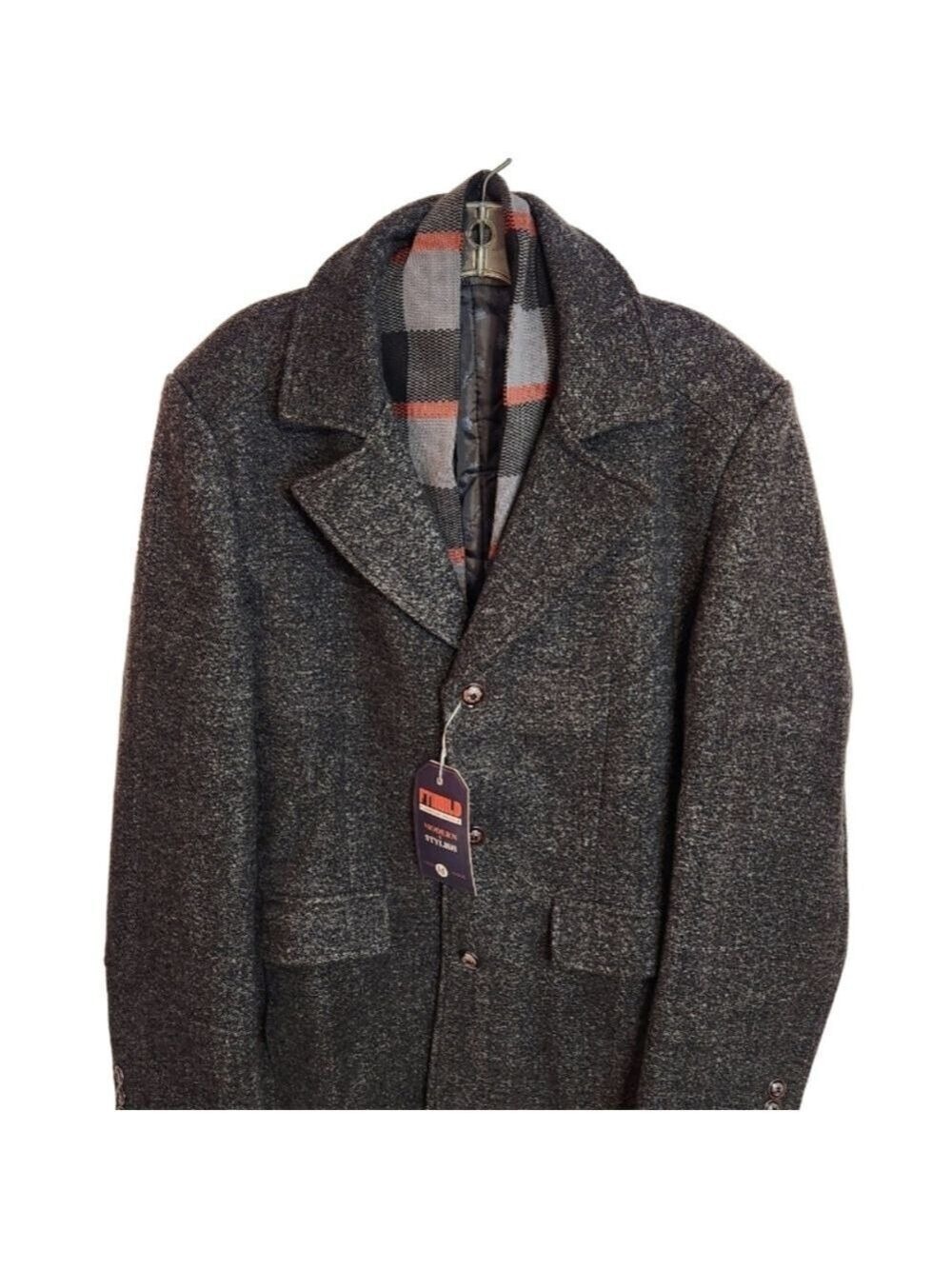 Amazon Wool Blend Plaid Scarf Trench Coat Grey Medium - Picture 2 of 10